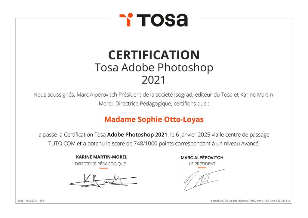 Certification TOSA Photoshop avec un score de 748/1000 correspondant à un niveau avancé de connaissance du logiciel