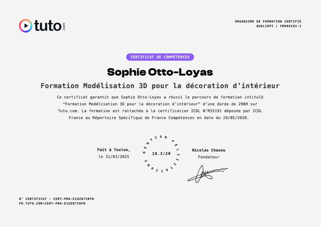 Certificat de compétences à la formation Modélisation 3D pour la décoration d'intérieur. Note de 19.3/20 avec la mention félicitations
