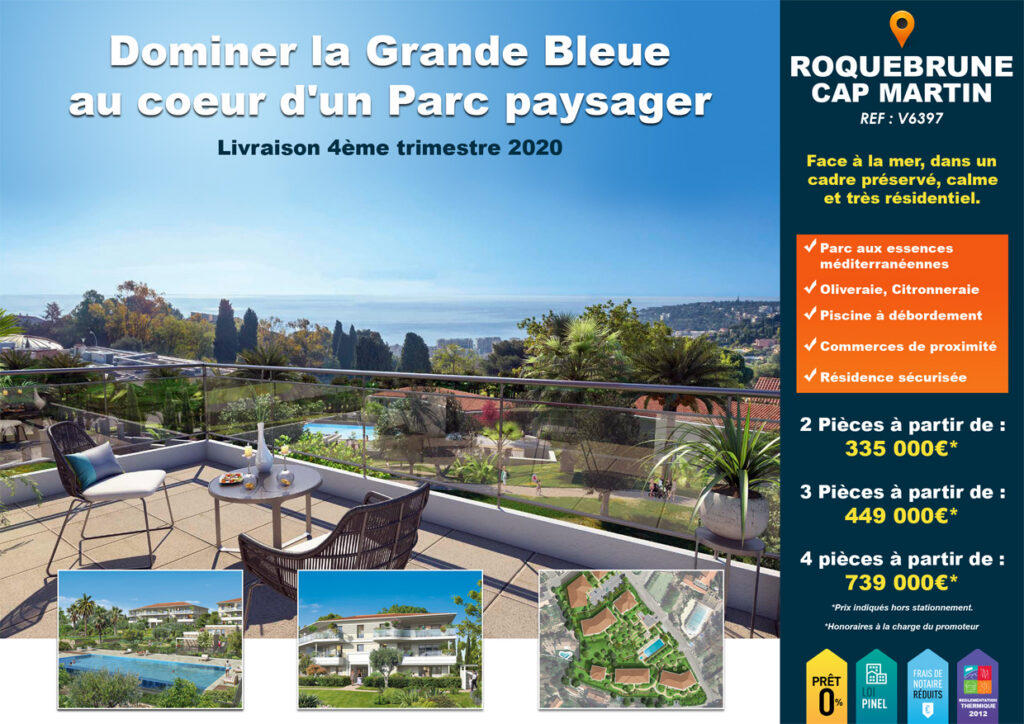 Affiche programme neuf à Roquebrune Cap Martin avec vue mer