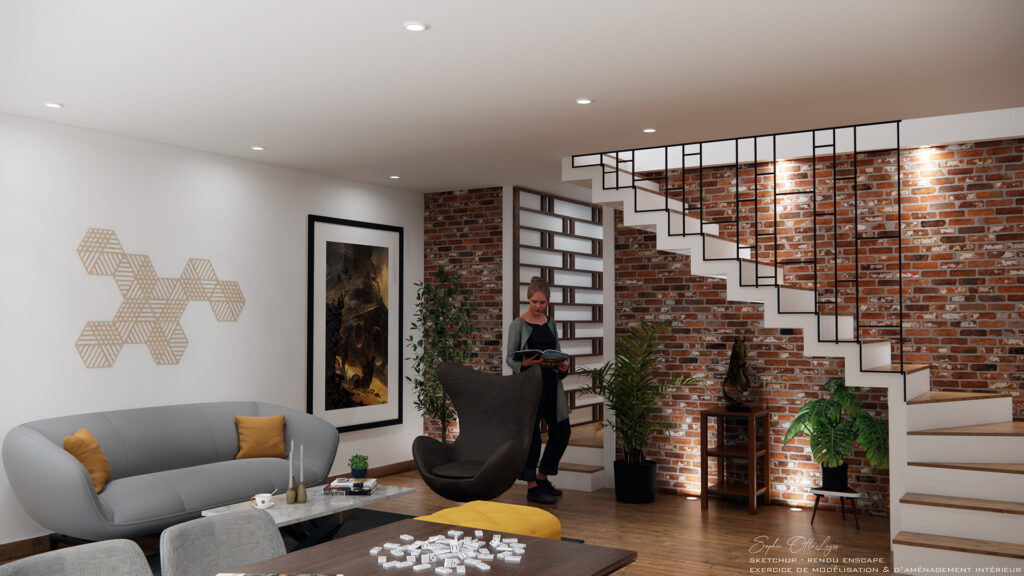 Exercice de design d'intérieur, avec création d'un escalier. Modélisation SketchUp Rendu Enscape