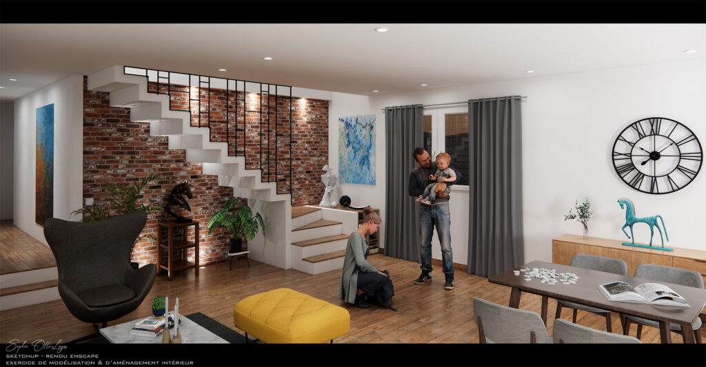 Exercice de design d'intérieur, avec création d'un escalier. Modélisation SketchUp Rendu Enscape