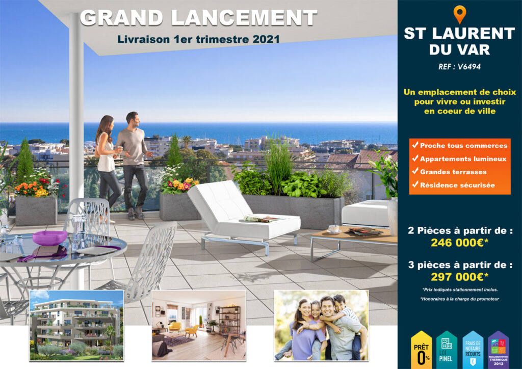 Affiche programme neuf à Saint Laurent du Var avec vue mer.