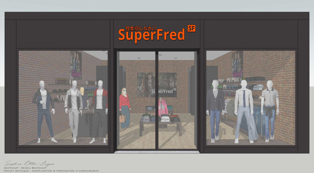 Exercice de création d'une boutique de vêtements. Modélisation & rendu SketchUp