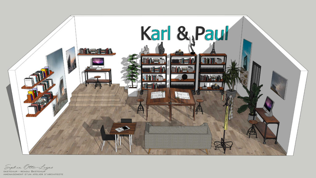 Exercice d'aménagement d'un atelier d'architecte. Modélisation SketchUp Rendu SketchUp