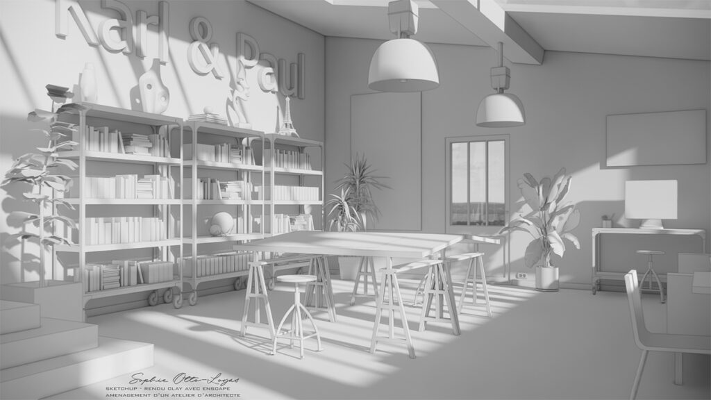 Exercice d'aménagement d'un atelier d'architecte. Modélisation Sketchup Rendu Enscape