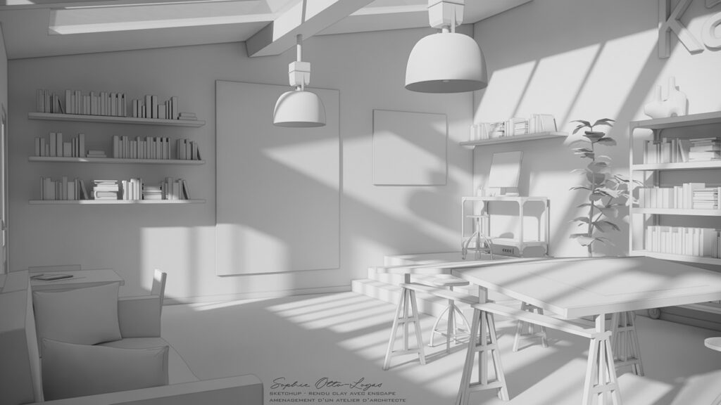 Exercice d'aménagement d'un atelier d'architecte. Modélisation Sketchup Rendu Enscape