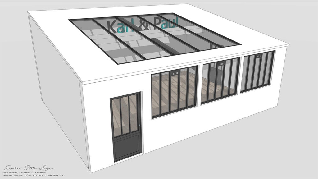 Exercice d'aménagement d'un atelier d'architecte. Modélisation SketchUp Rendu SketchUp