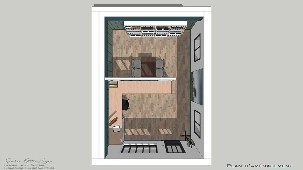 Exercice d'aménagement d'un bureau atelier. Modélisation SketchUp