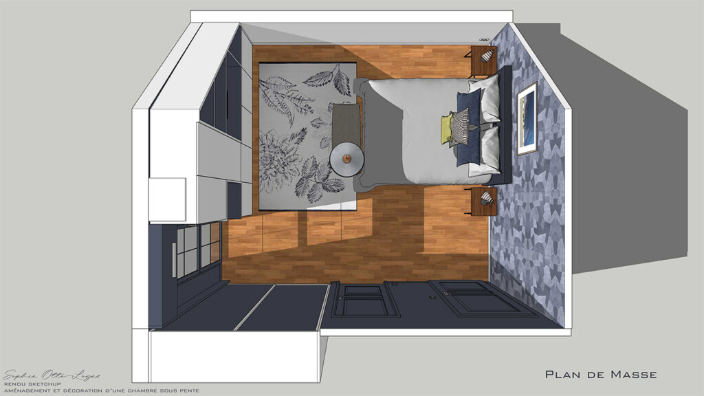 Exercice d'aménagement et décoration d'une chambre soupente. Projet réel. Modélisation SketchUp.