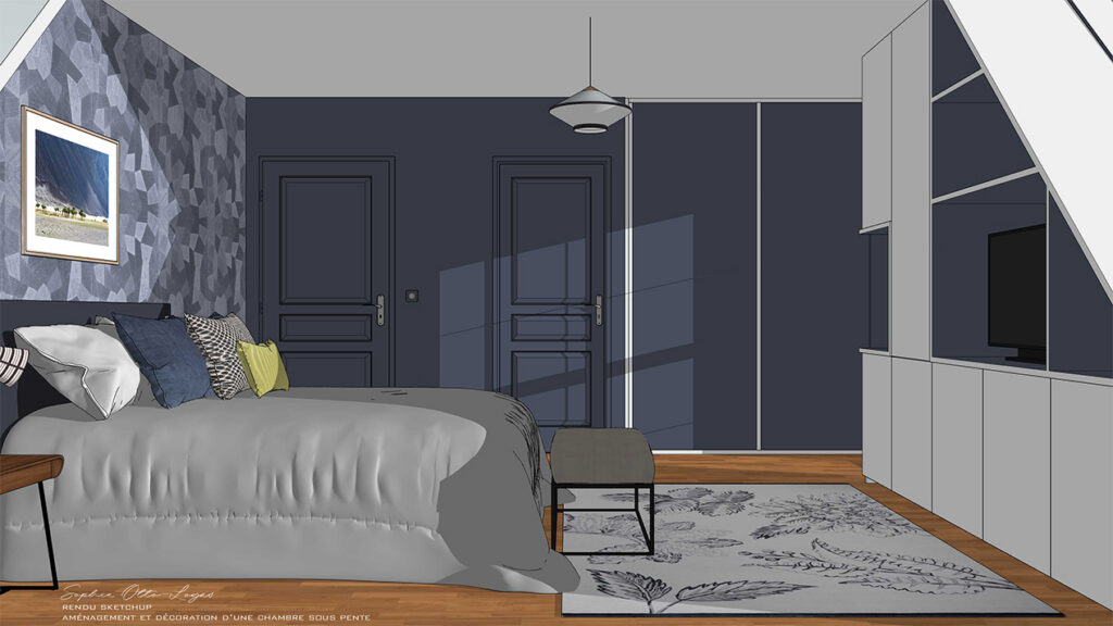 Exercice d'aménagement et décoration d'une chambre soupente. Projet réel. Modélisation SketchUp.