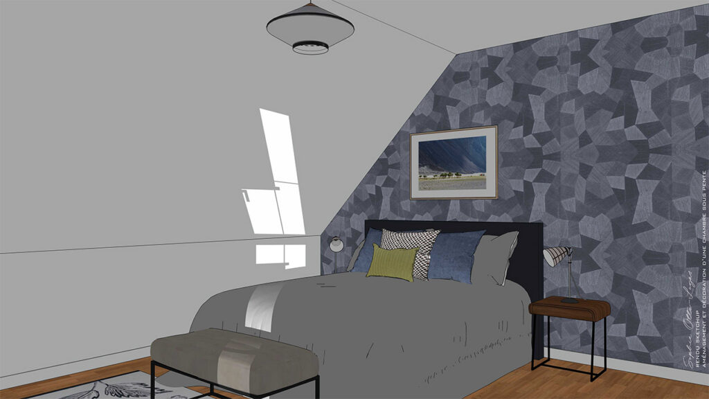 Exercice d'aménagement et décoration d'une chambre soupente. Projet réel. Modélisation SketchUp.