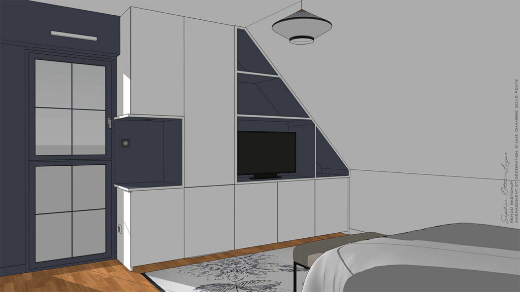 Exercice d'aménagement et décoration d'une chambre soupente. Projet réel. Modélisation SketchUp.