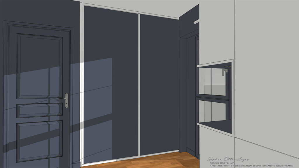 Exercice d'aménagement et décoration d'une chambre soupente. Projet réel. Modélisation SketchUp.
