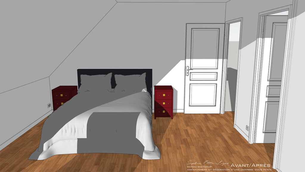 Exercice d'aménagement et décoration d'une chambre soupente. Projet réel. Modélisation SketchUp.