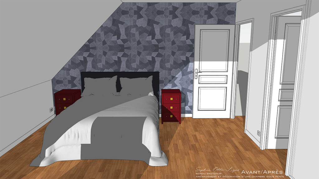 Exercice d'aménagement et décoration d'une chambre soupente. Projet réel. Modélisation SketchUp.