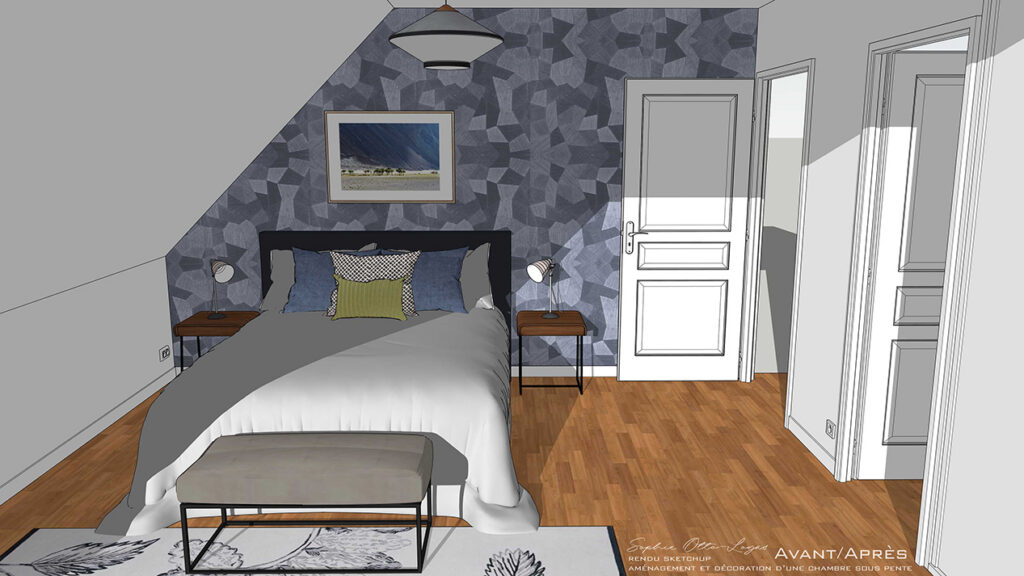 Exercice d'aménagement et décoration d'une chambre soupente. Projet réel. Modélisation SketchUp.