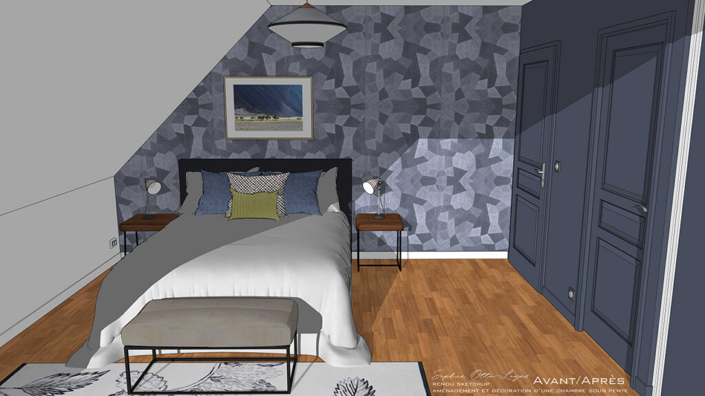 Exercice d'aménagement et décoration d'une chambre soupente. Projet réel. Modélisation SketchUp.