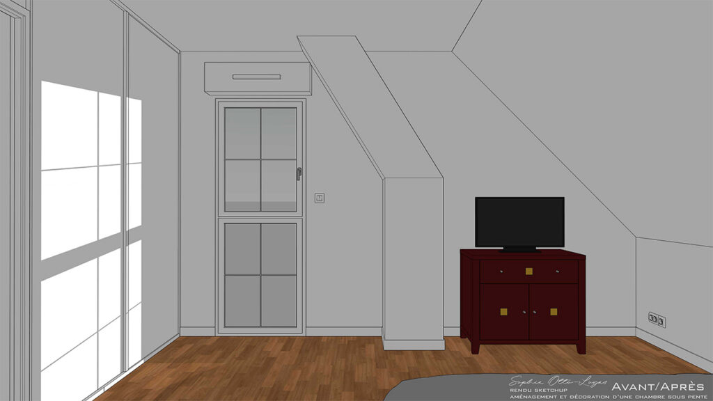 Exercice d'aménagement et décoration d'une chambre soupente. Projet réel. Modélisation SketchUp.