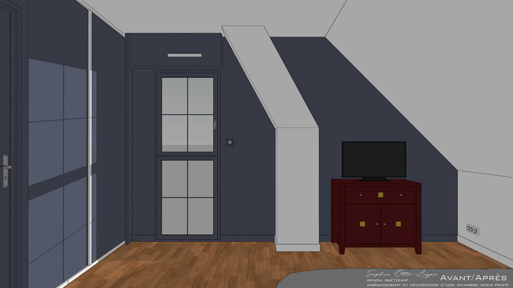 Exercice d'aménagement et décoration d'une chambre soupente. Projet réel. Modélisation SketchUp.