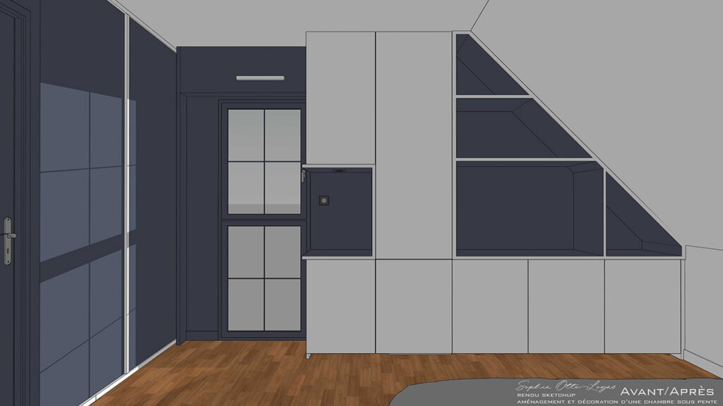 Exercice d'aménagement et décoration d'une chambre soupente. Projet réel. Modélisation SketchUp.