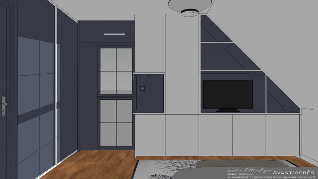 Exercice d'aménagement et décoration d'une chambre soupente. Projet réel. Modélisation SketchUp.