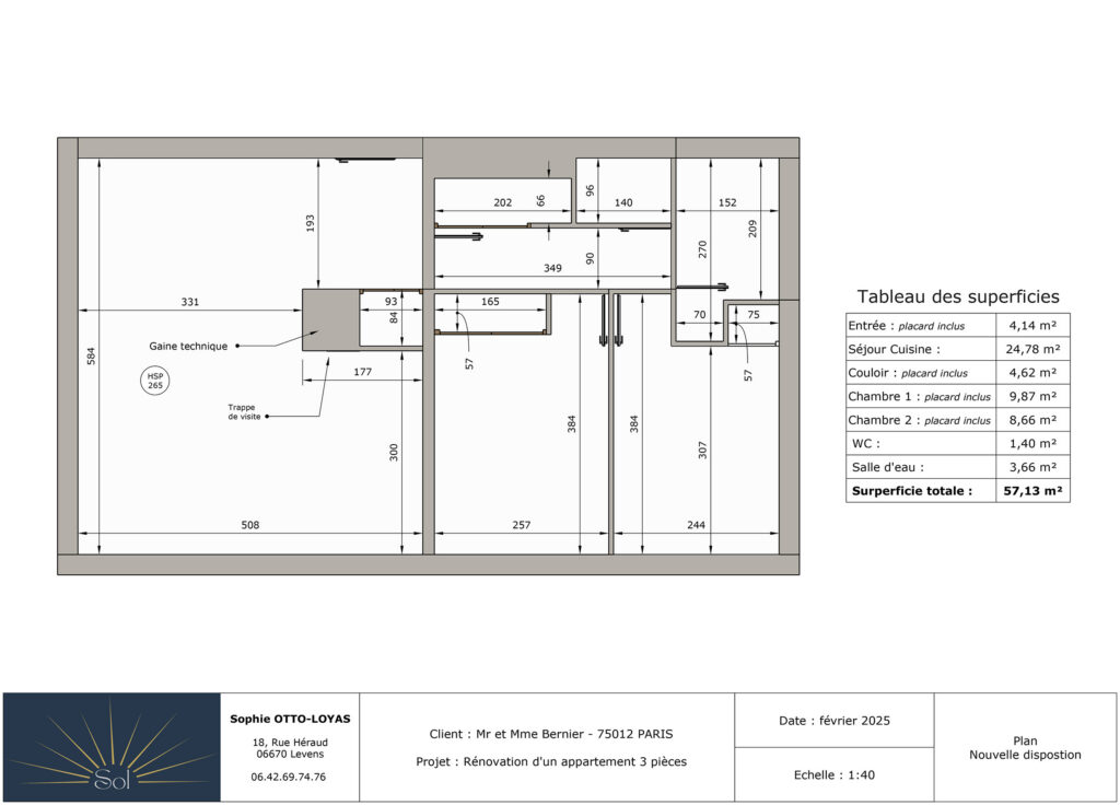 Projet Bernier - Plan de la nouvelle disposition des pièces dans le cadre de la rénovation complète d'un appartement 3 pièces situé à Paris