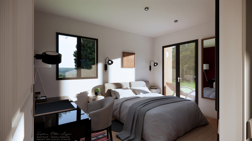 Projet Pro de fin de parcours, il s'agissait de modéliser un chalet d'invité avec sketchUp, de le meubler et de faire les rendus 3D