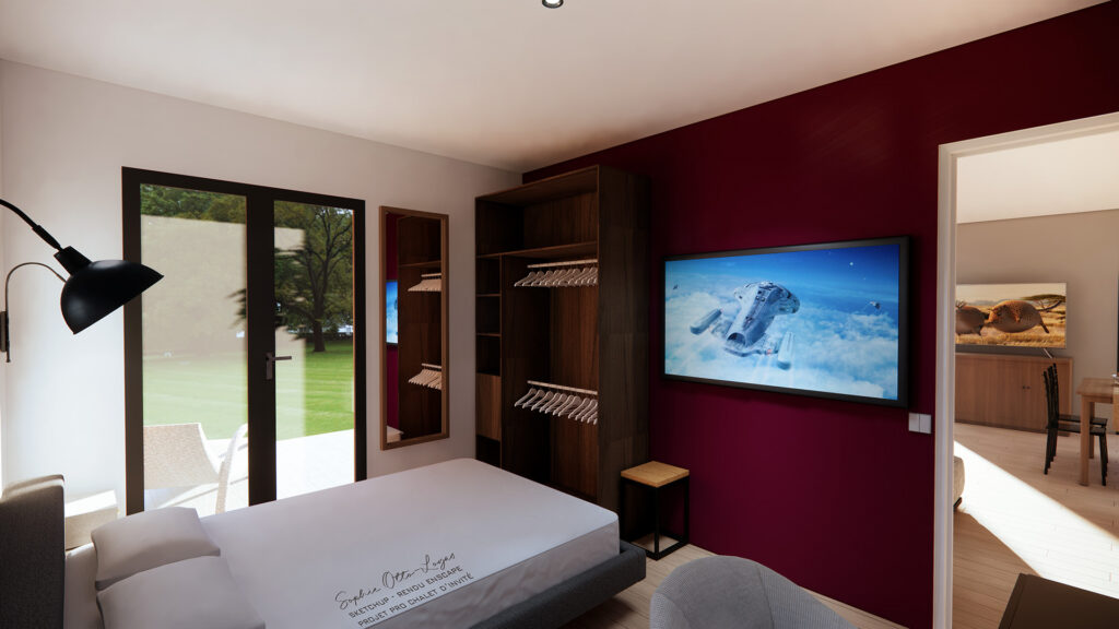 Projet Pro de fin de parcours, il s'agissait de modéliser un chalet d'invité avec sketchUp, de le meubler et de faire les rendus 3D