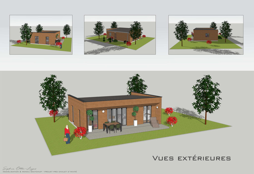 Projet Pro de fin de parcours, il s'agissait de modéliser un chalet d'invité avec sketchUp, de le meubler et de faire les rendus 3D