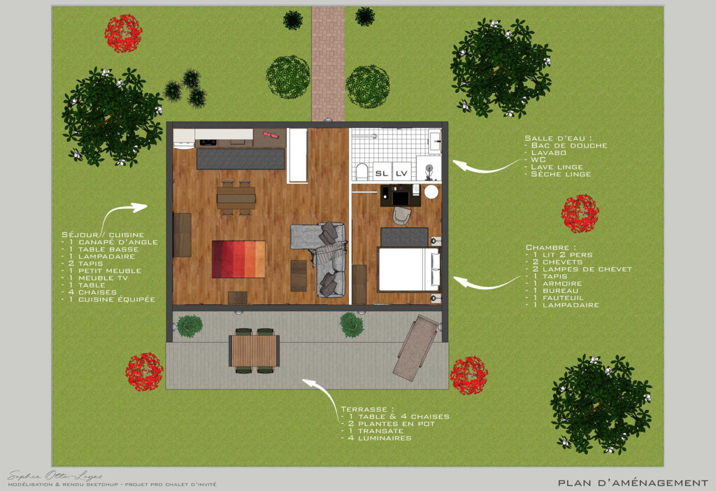 Projet Pro de fin de parcours, il s'agissait de modéliser un chalet d'invité avec sketchUp, de le meubler et de faire les rendus 3D