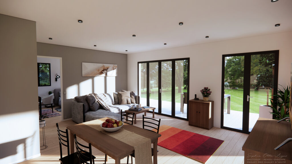 Projet Pro de fin de parcours, il s'agissait de modéliser un chalet d'invité avec sketchUp, de le meubler et de faire les rendus 3D