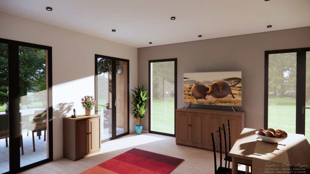 Projet Pro de fin de parcours, il s'agissait de modéliser un chalet d'invité avec sketchUp, de le meubler et de faire les rendus 3D